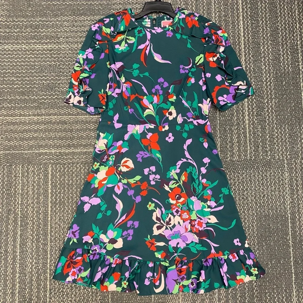 NWOT Kate Spade Fleur Nouveau Mini Dress Smocked Ruffle Green Women Size 0